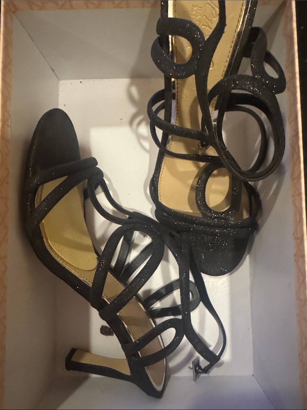 Badgley Mischka Black Glitter Strappy Heels